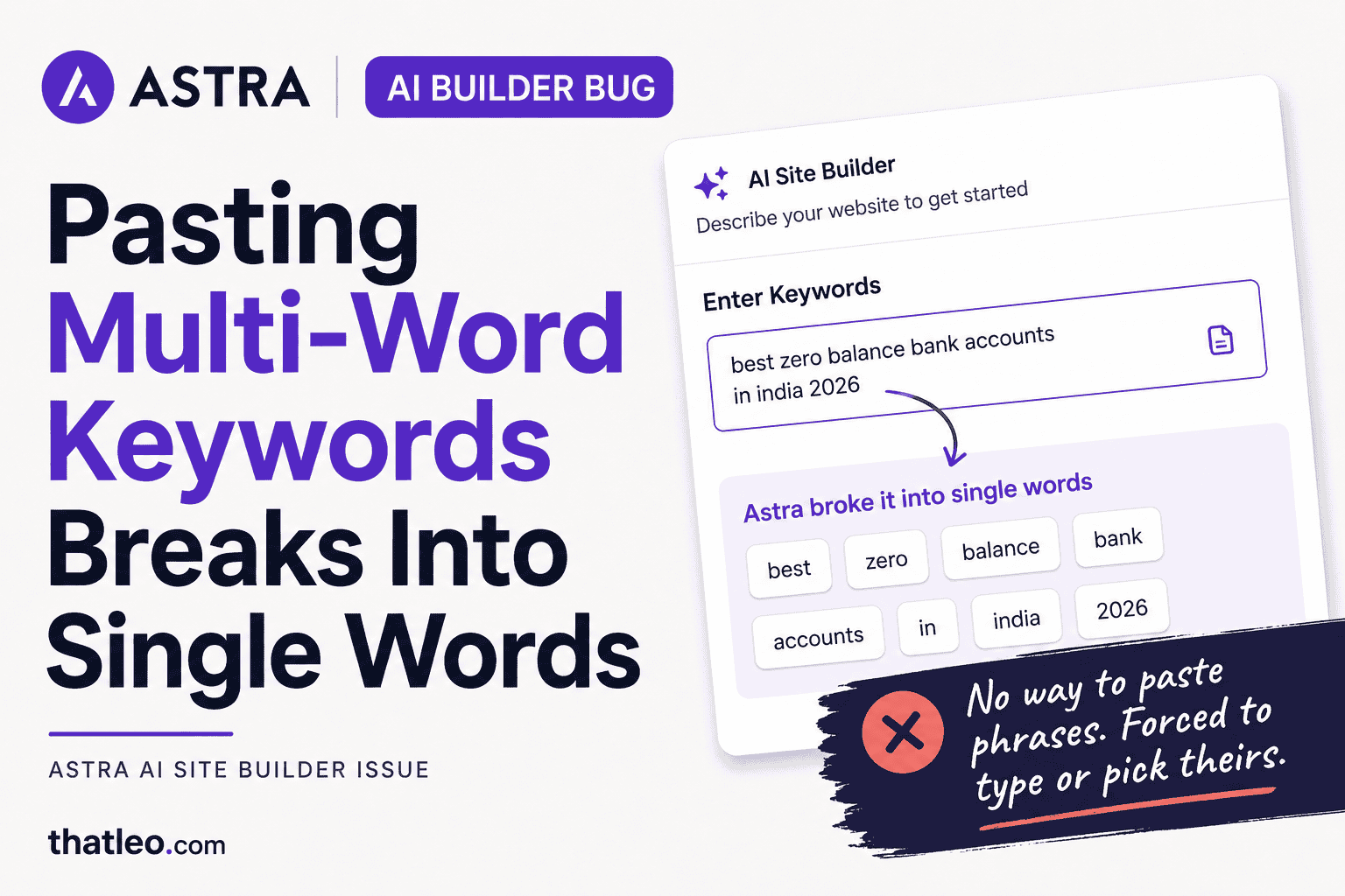 astra wordpress theme ai builder bug pasting multi word keywords breaks into single words