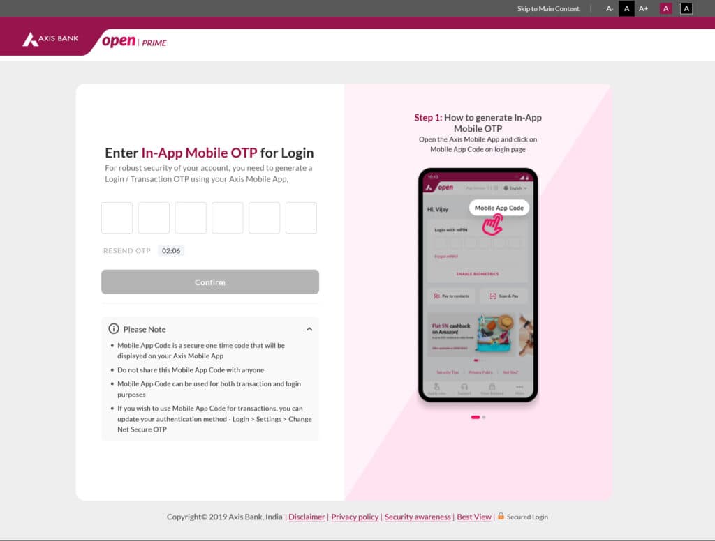 axis bank app based 2fa login verification