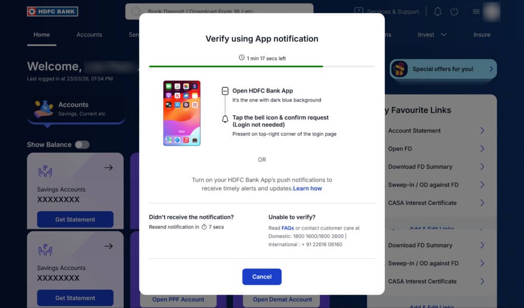 hdfc bank app notification 2fa verification